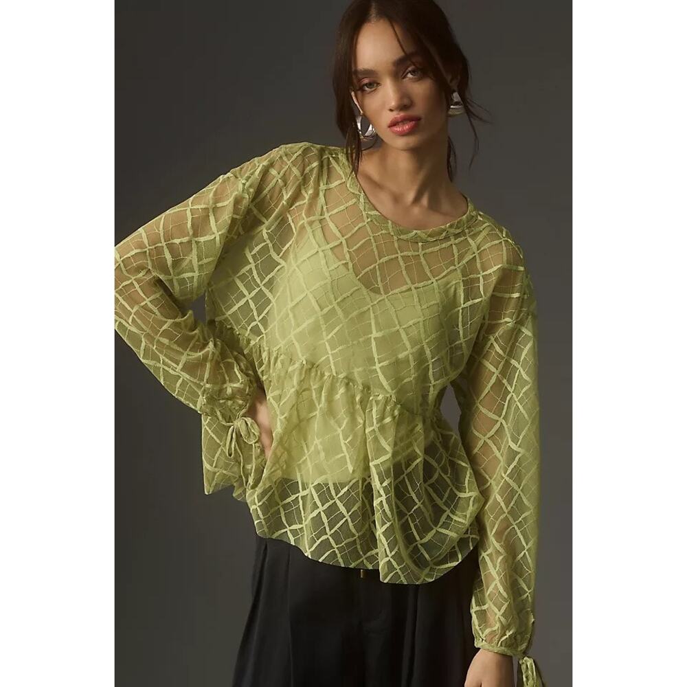 Maeve Anthropologie Green Sheer Long Sleeve Babydoll Layering Top Womens Small